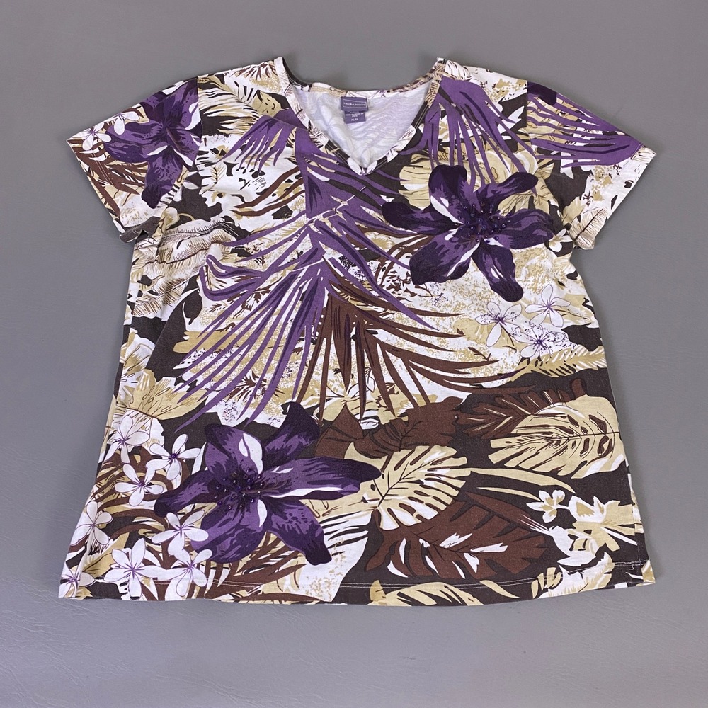 Laura Scott T-Shirt Women's XL Purple Floral Tropical V-Neck Sequin Accents *
